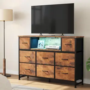 Dresser for Bedroom with Outlets and LED Lights, TV Stand for TVs Up to 45-55 Inches, Chest of Drawers, 8 Drawers, Steel, Modern