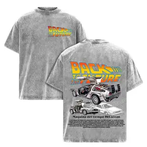 Men's Retro Vintage Sci-Fi Themed 'Back to the Future' Double-Sided Delorean Graphic Short Sleeve Tee - Oversized 100% Cotton Distressed Light Gray Casual Shirt SpringStatements