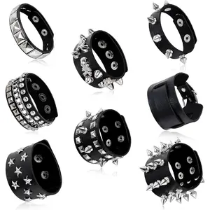 8PCS Spiked Studded Bracelets Cuff for Men Women Black Punk Goth Leather Bracelet Emo Rivet Bracelet Adjustable Rock Pop 80s 90s Retro Button Metal Wrap Wristbands Halloween Accessories