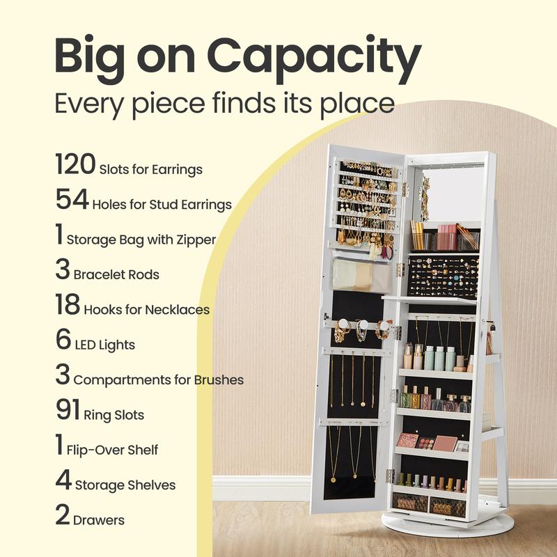 SONGMICS LEDs Lockable Jewelry Mirror Cabinet,Standing Jewelry Armoire,, Frameless Full-Length Mirror, 3 Storage Shelves Christmas Gifts Decor