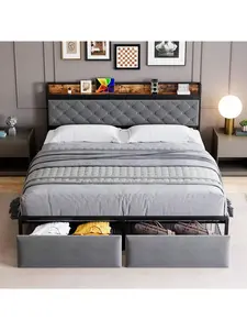 Bed Frame, Upholstered Platform Bed Frame With RGB LED Lights, Charging Station And 2 Storage Drawers, Noise Free, No Box Spring Needed, Easy Assembly,Gray_KING Bedroom Furniture Headboard Multifunctional Headboard