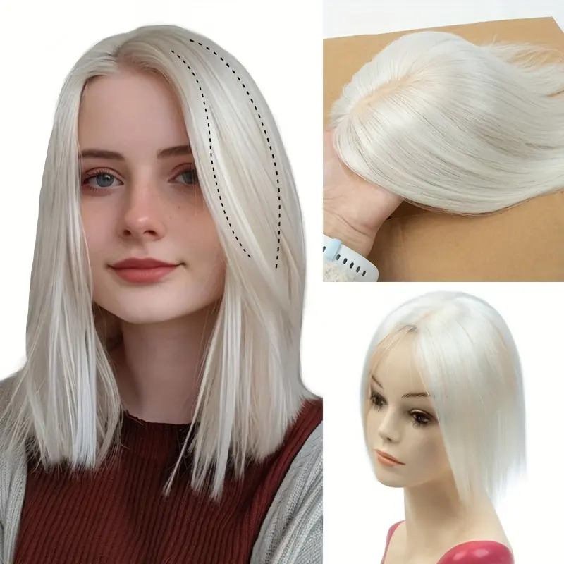 2025 Arrivals Wholesale Human Hair Topper with Side Bangs (1001 # -Color: Silvery white)Upgrade Hair Toppers Fluffy Light for Women Hair Piece Adds Volume Lightweight Seamless Hair Topper Human Hair Base Clips In Topper Realistic Scalp