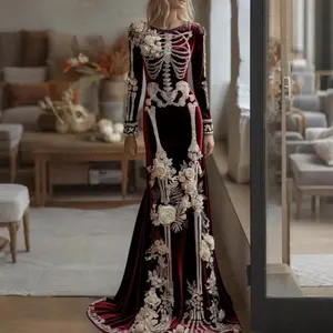 2025 new Halloween style long-sleeved round neck comfortable 3D printed dress fall decor