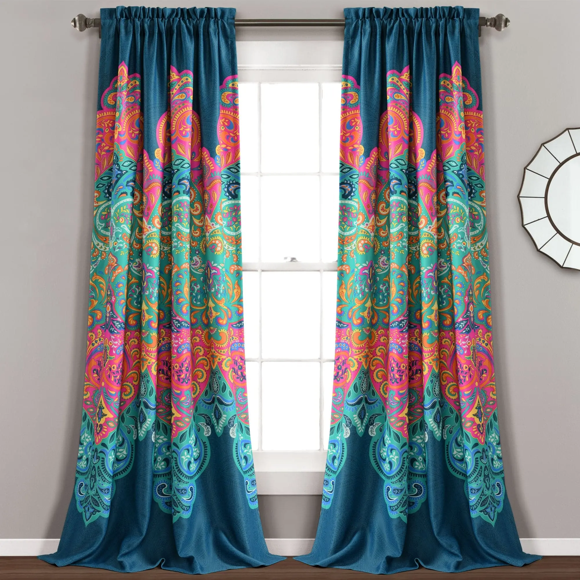 Lush Decor Boho Chic Light Filtering Window Curtain Panel Set - 2 Panels, 52"W x 63"L-108"L, 3" Rod Pocket, Room Darkening, Machine Washable, Suzani Design, Modern Style for Bedroom & Living Room - Shutter Blinds