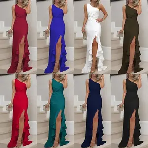Spot New European and American Split Ruffled Large Swing Evening Dress Dress Om8875 Clothes Formal