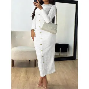 Elegant Casual Long Sleeve Maxi Dress for Women, Thin Knitted Fabric Perfect for All Seasons, Fitted Plain Design for Stylish Comfort