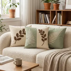 1PC/2PCS Botanical Embroidered Print 2D Flat Throw Pillow Cover 18x18 Inch | Sage Green Fern & Leaf Decor for Home Living Room Bedroom Decorative Accessories Sofa Couch 0309YA