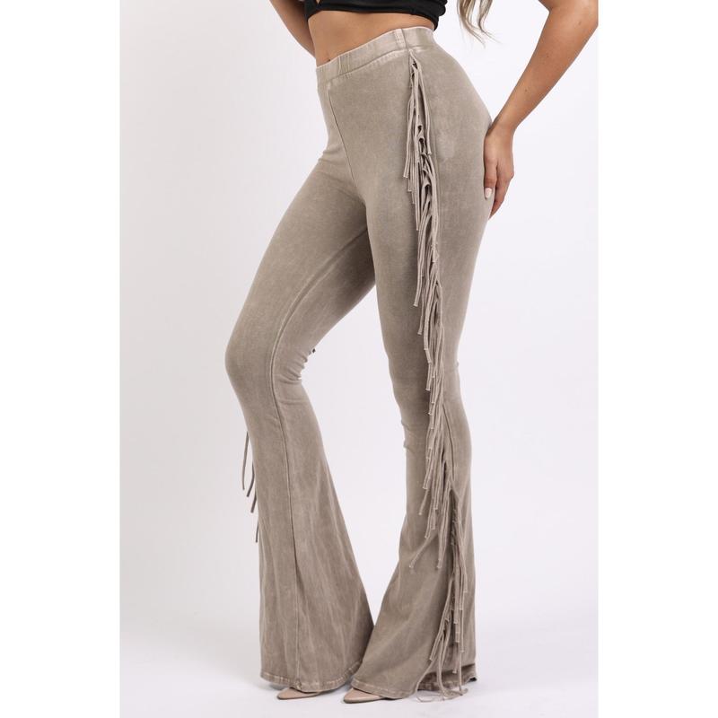 Fringe-Detailed Mineral Washed Pants for Women - Comfortable Cotton and Elastic Design with Flared Side Detail