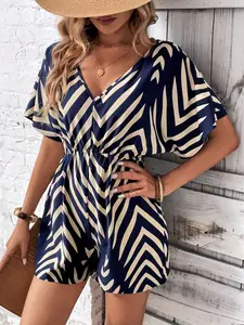 Women's V Neck High Waist Zebra Print Water Wave Pattern Short Sleeveless Jumpsuit, Casual Fashion One-Piece, Womenswear, Striped, Casual Jumpsuits