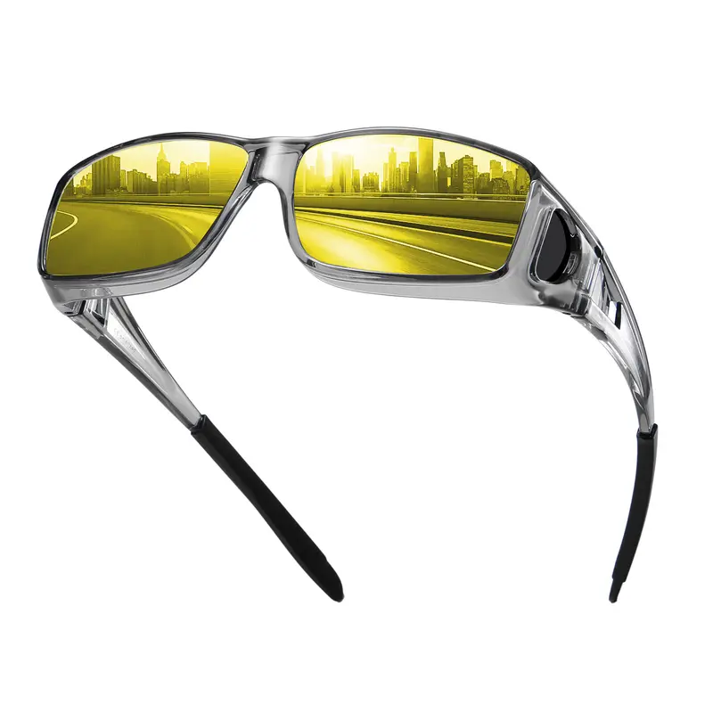 HAOLOTA Unisex Rectangular Fit-Over Driving Polarized Sunglasses - Black Frame Night Vision Lens, Anti-Glare HD Yellow Lenses for Dark Nights, Outdoor Eyewear Shades with Better Peripheral Vision