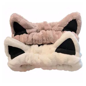 2PCS Cat Ears Spa Headbands for Women & Girls – Soft Coral Fleece Makeup Headwraps for Washing Face & Skincare (Beige/Khaki)