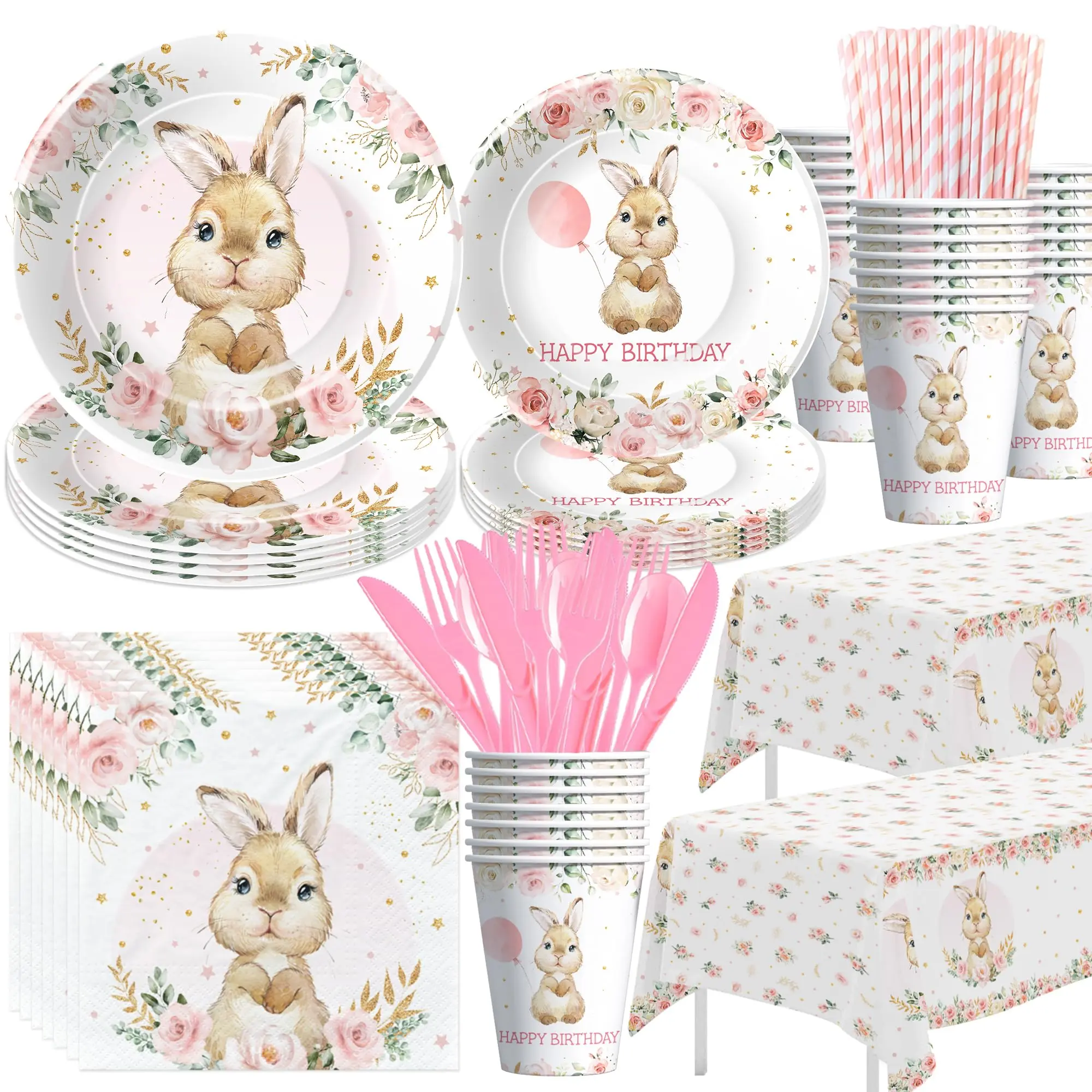 Bunny Birthday Party Tableware | Festive Party Supplies with Plates, Cups, Napkins, Tablecloth & Cutlery | Serves 24