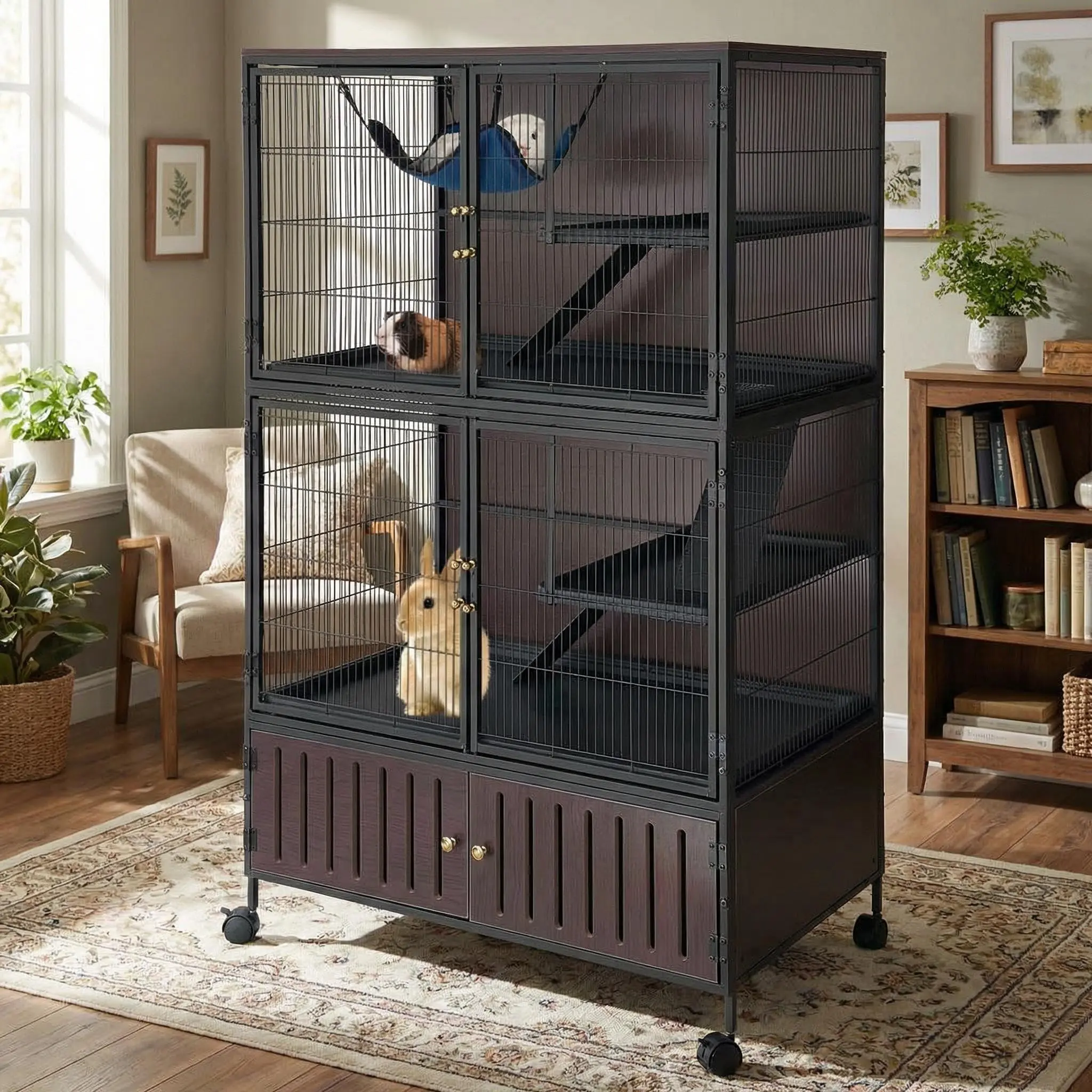 60" Tall Animal Enclosure Cage with Wood Panels, Reinforced Frame, Elevated Base Construction, Multi-Level Habitat, 4 Wheels, 3 Metal Ramps, Hammock, Double-Layer PP Tray System, Separate Storage Compartments & Slide-Out Cleaning Access for Chinchillas