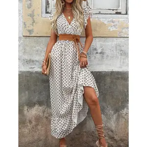 1pc Women's Shirred All-Over Print Long Dress With Gathered Waist & Ruffle Sleeves, Elegant Holiday Wear (Belt Not Included) Maxi Vacation Beach Outfit Casual Soft