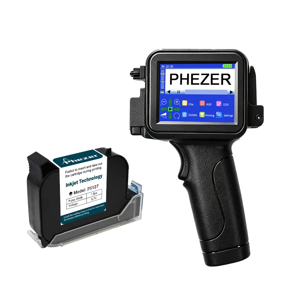 Phezer 12.7mm/0.5 Inch Portable Mini Handheld Inkjet Printer PC16 for Flat and Curved Surface, with Touch Screen, PS127 Quick-Drying Ink Cartridge, for Label/Date/Barcode/Logo/Qrcode (Black)