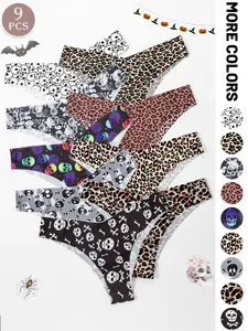 Halloween Themed 9-piece Set Of Women's V-shaped Panties, Featuring Skull Prints and Leopard Print, Suitable for The Autumn and Winter Festive Atmosphere As Well As Everyday Wear, Underwear, Womenswear