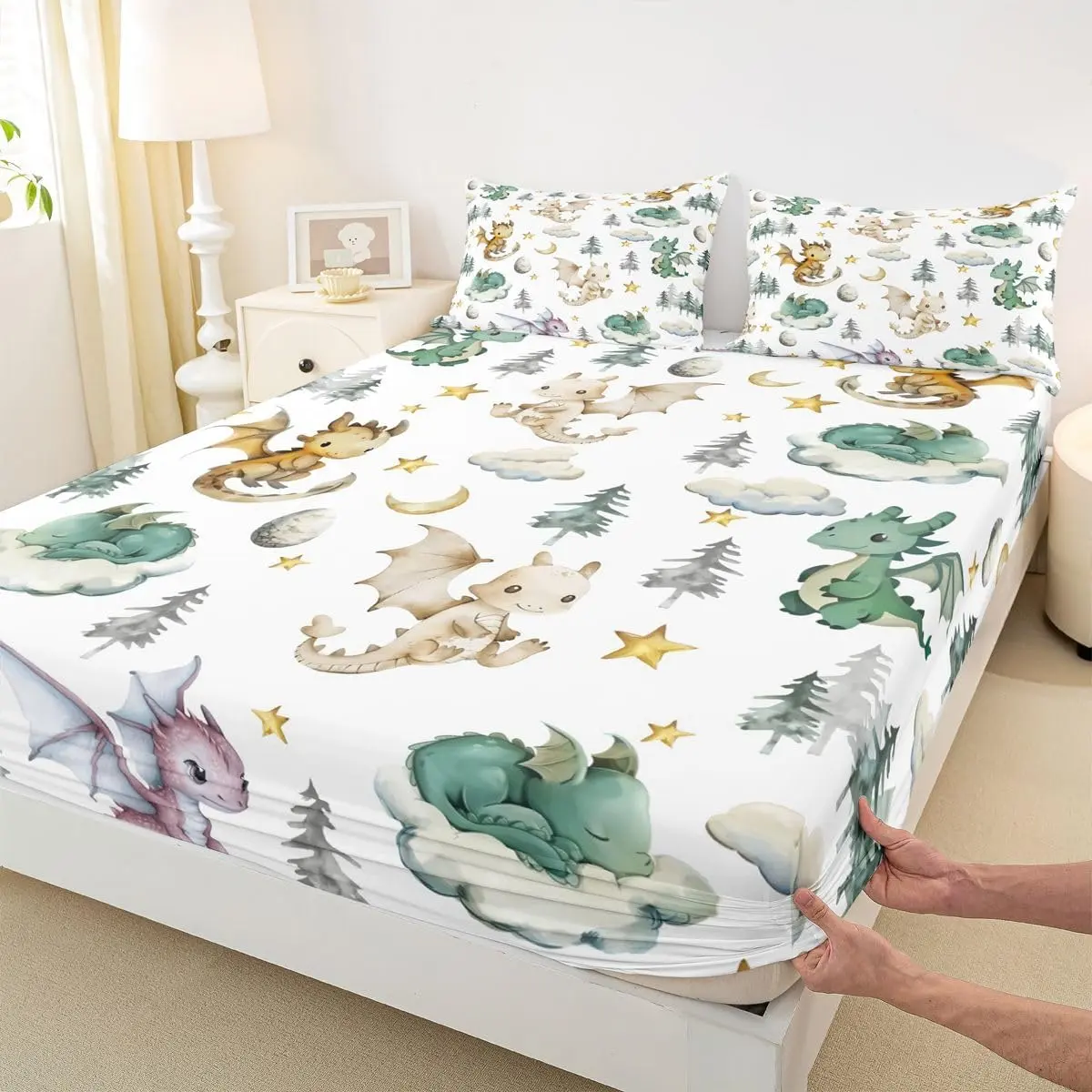 Cute Dragon Fitted Sheets (No Flat),Starry Sky Moon Bedding Set Room Decor,Pine Jungle Bed Sheet Western Animals Deep Pocket Sheet