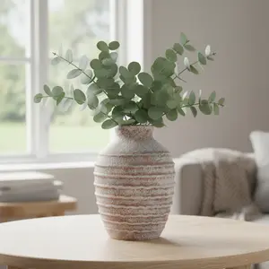 Rustic Ceramic Flower Vase 6.9 Inch Warm Sand Beige Pottery Farmhouse Vases for Home Decor Boho Terracotta Vintage Floral Arrangement Living Room Table Bedroom Shelf Mantel Kitchen