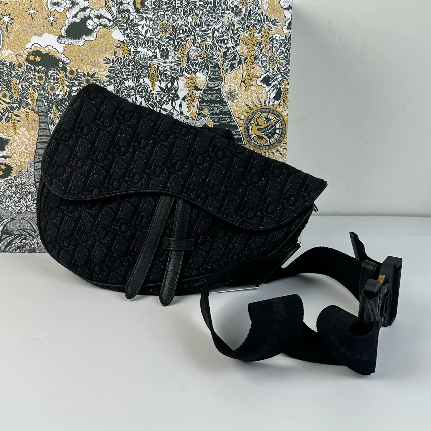 Pre-owned Dior Christian Black Oblique Jacquard Saddle Bag with Adjustable Wide Webbed Strap