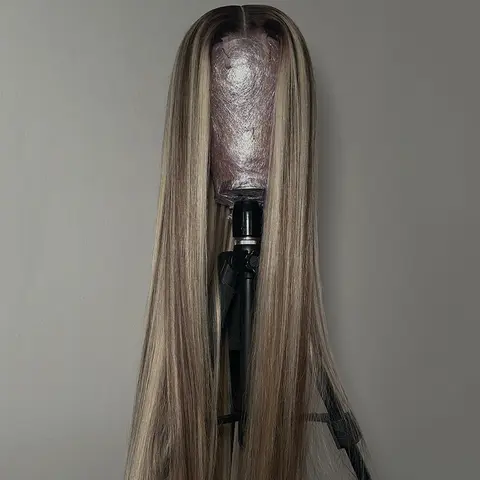 13x6 Ombre Highlight Human Hair Straight Wig Lace Frontal Wigs Ash Brown with 613 Blonde Balayage Brazilian Hair Wig Pre Plucked 180% Density for Women