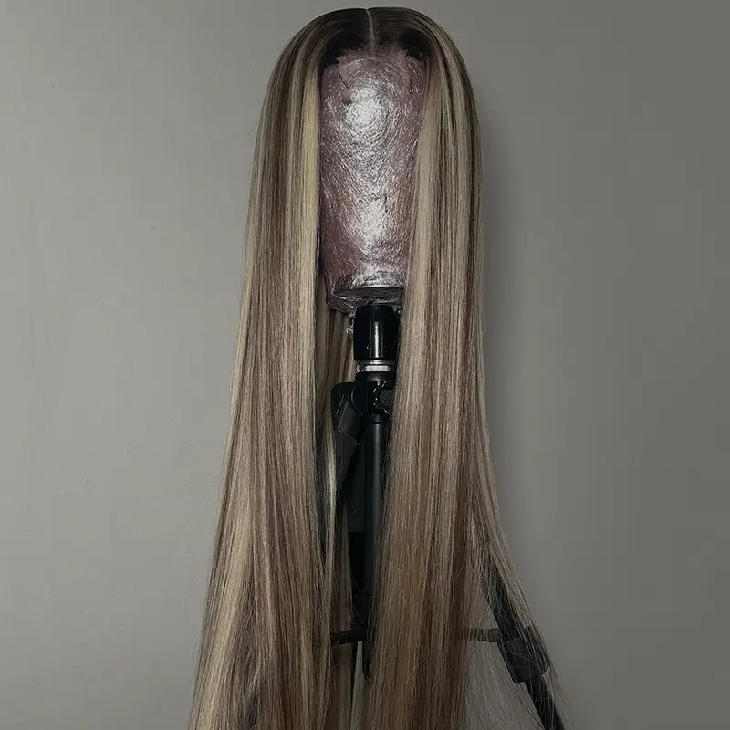13x6 Ombre Highlight Human Hair Straight Wig Lace Frontal Wigs Ash Brown with 613 Blonde Balayage Brazilian Hair Wig Pre Plucked 180% Density for Women
