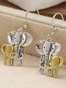 Vintage Two-Tone Elephant Animal Pendant Earrings, Cute Fashion Jewelry for Women, Simple Accessory Gift, Casual All-Season Wear