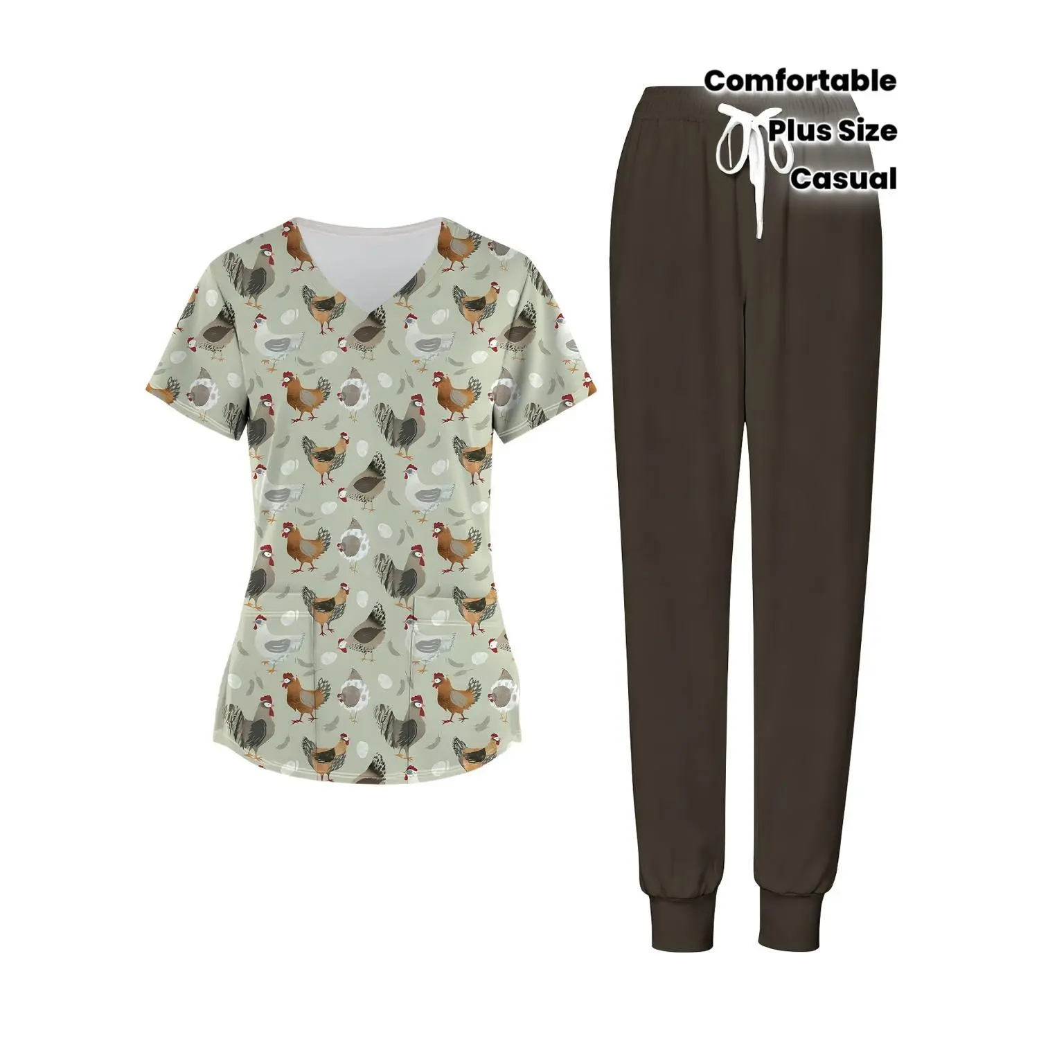 Plus Size Women's Scrub Set - 2-Piece Chicken Print Casual Workwear for Nurses, Doctors & Hospital Staff - Comfortable Fabric & Ideal Gift