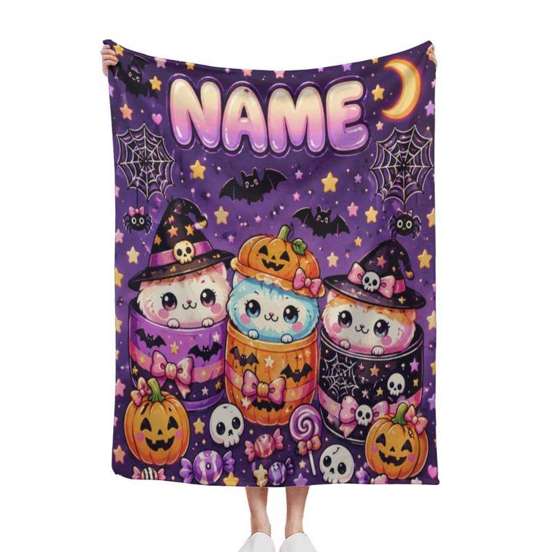 Personalized Halloween Blanket Custom Name Cute Kawaii Cats Pumpkin Flannel Fleece Throw Blanket 30x40 Inch Cozy Spooky Season Gift for Kids