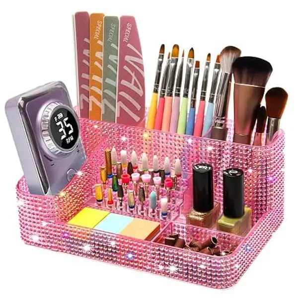 Flybok Modern Rectangle Sparkle Thickened Plastic Compartmentalized Organizer Box - 8.35x5.59in 4 to 7 Compartments, Vanity Accessory Space Saver for Nail Techs, Ideal Gift, Boxes