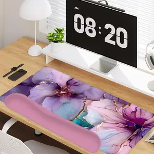 4 - in - 1 Purple Gold Foil Floral Elements Large Gaming Mouse Pad + Keyboard Wrist Rest + Mouse Pad with Wrist Support + Coaster Set with Ergonomic Design for Home Office Table Computer, Rubber Base Mousepad with Stitched Edges, Easy Typing Pain Relief