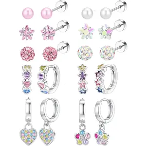 10/12 Pairs Hypoallergenic Flat Back Earrings for Women Small Surgical Steel Flatback Earrings Silver Huggie Hoop Earrings Cute Dangling Earrings