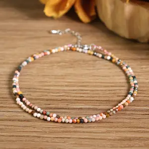 Crystal Necklace, Assorted Multi color Gemstone Stone 2mm Bead Small Tiny Beaded Necklace, Healing Protection Calming Balance Necklace, Women Adjustable Bohemian Boho Style Waterproof Necklace, Christmas gift, Birthday gift, Gift for mother , Couples gift