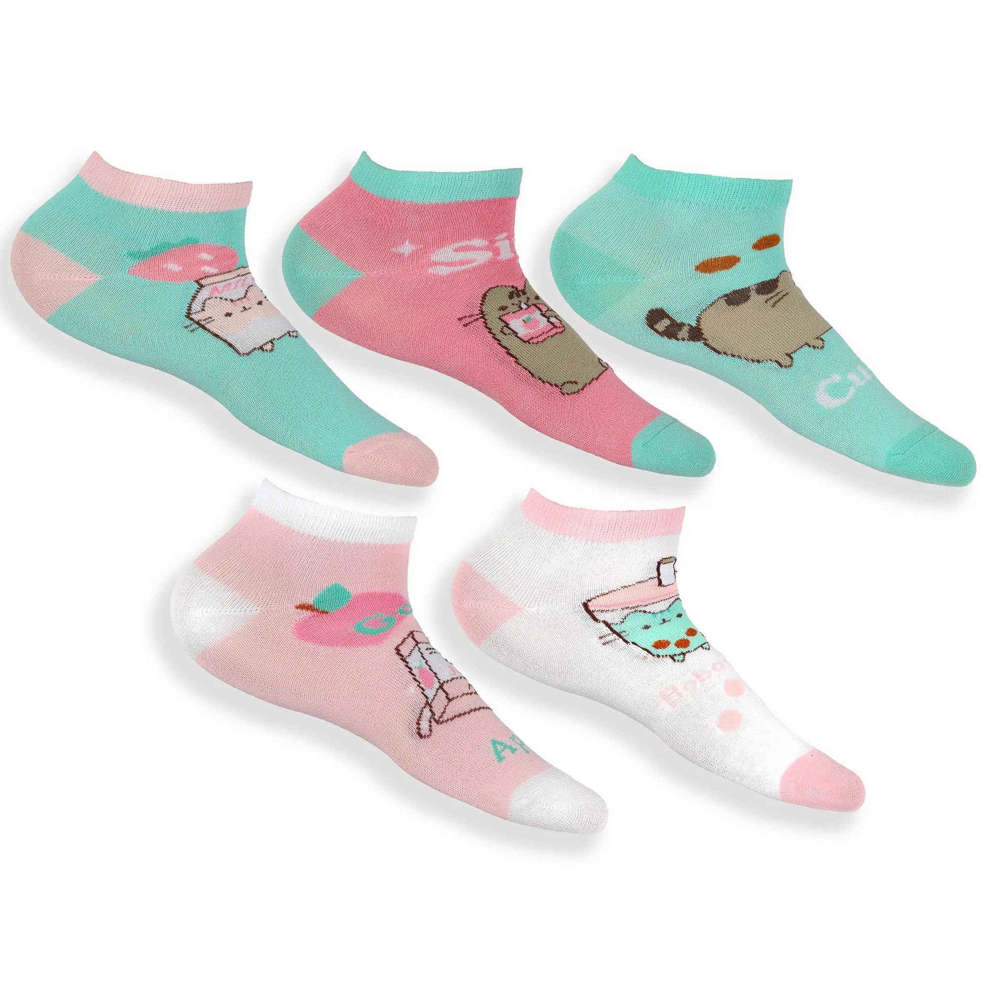 Pusheen Cat Socks Women's Pastel Snack Time 5-Pair Ankle Sock OSFM, Footwear, Matching