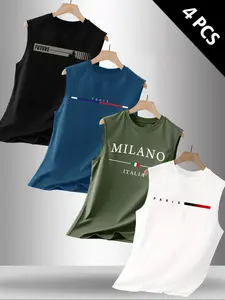 Men's 4 Pack Letter Graphic Print Round Neck Sleeveless T-Shirt, Casual Comfortable Athletic Sport Activewear Top for Summer Outdoor Fitness Wear