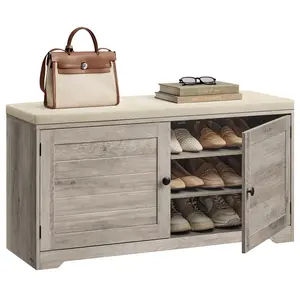 VASAGLE Shoe Storage Bench with Cushion, 3-Tier Entryway Bench with Padded Seat, Doors, Adjustable Shelves, 14 x 39.8 x 20.7 Inches, Hallway, Bedroom