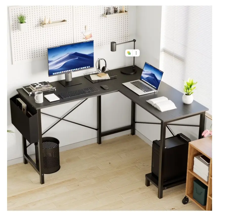 49in Reversible L Shaped Computer Desk with Storage, Coner Desk with Wooden Desktop, CPU Stand and Side Bag for Home Office & Gaming, Black