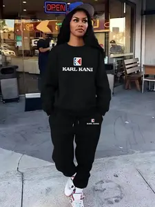 KARL KANI Letter printing Women's Casual Loose-Fitting Sportswear Set, Tracksuit Set, Round Neck Long Sleeve Pullover & Pants, Comfortable Daily Wear for Sports & Outdoor Activities