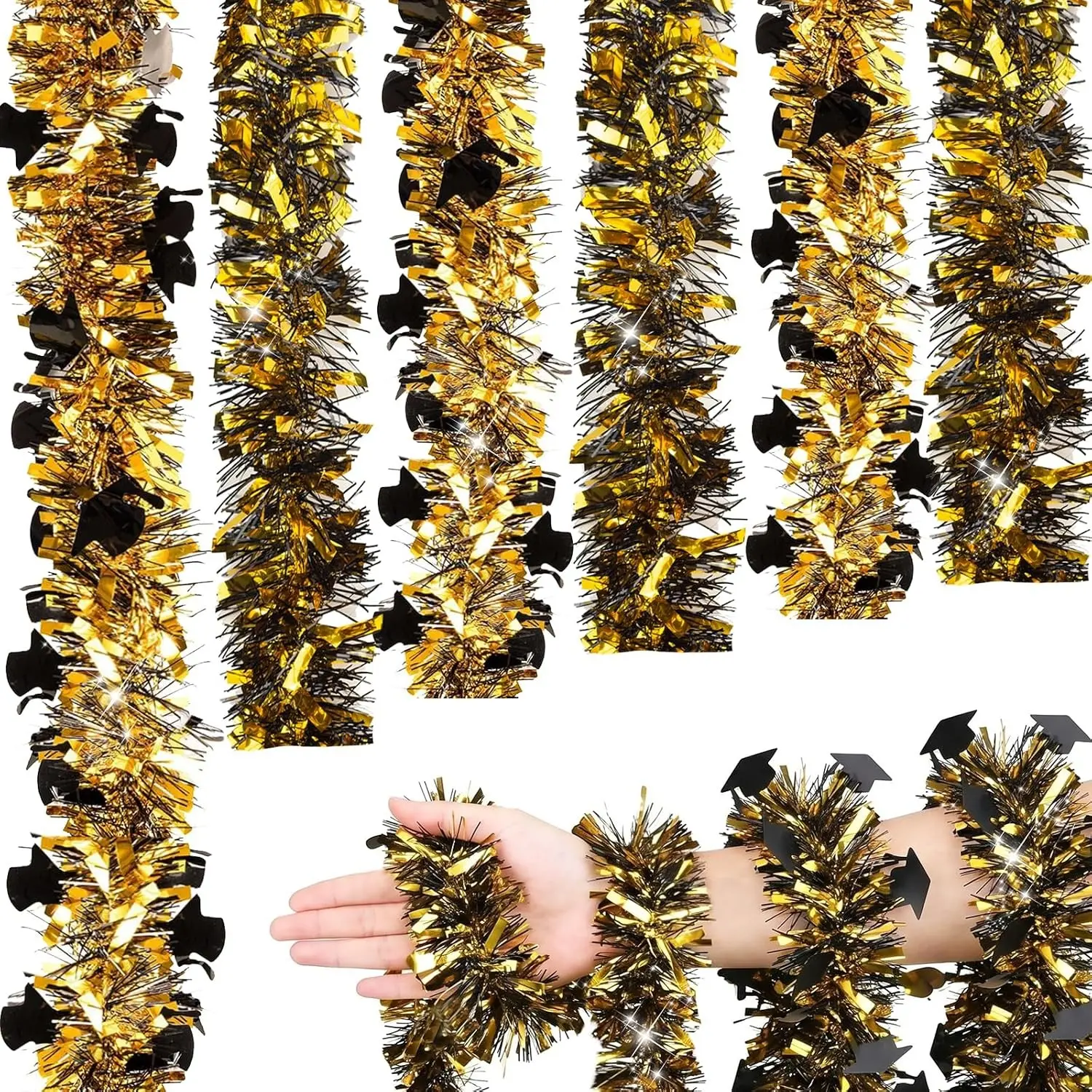 2 String 32.8Ft Glittering Black Gold Tassel Garland Decor for Graduation Party Tree Mantle Indoor Outdoor Holiday Home