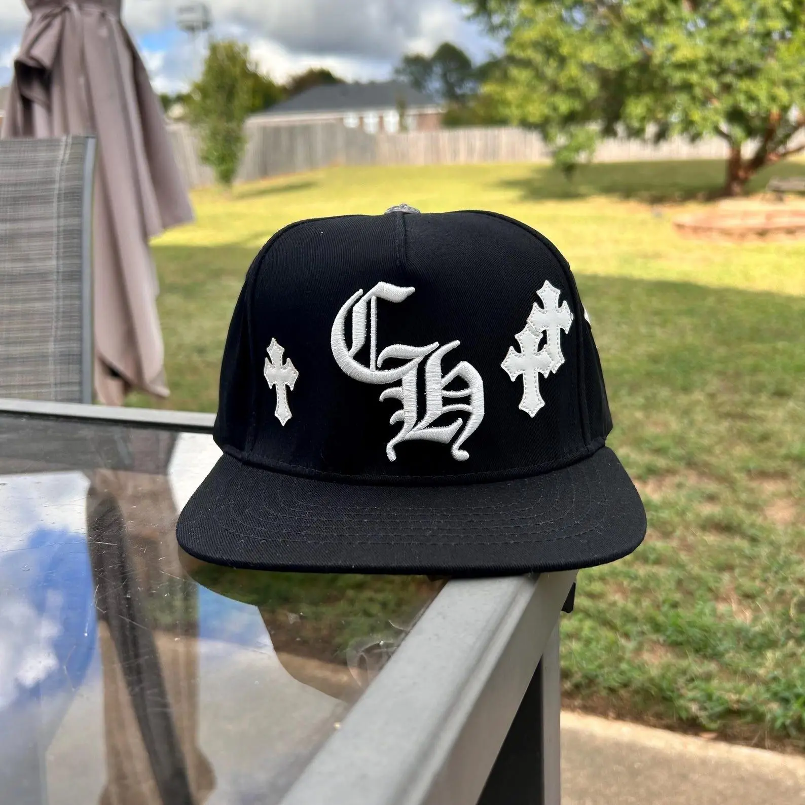 Chrome Hearts CH Cross Embroidered Snapback Hat Black Flat Brim Adjustable Baseball Cap Unisex Streetwear Hip Hop