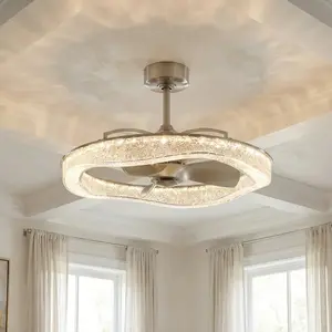 Perimost 33 Inch Satin Nickel Luxury Fandelier, Downrod Mount LED Ceiling Fan with Integrated Light & Remote Control, Contemporary Home Lighting Fan Fixture