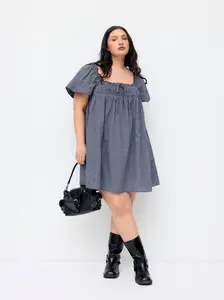 Cotton-blend Square Neck Plaid Puff Sleeve Smock Mini Dress Curve & Plus