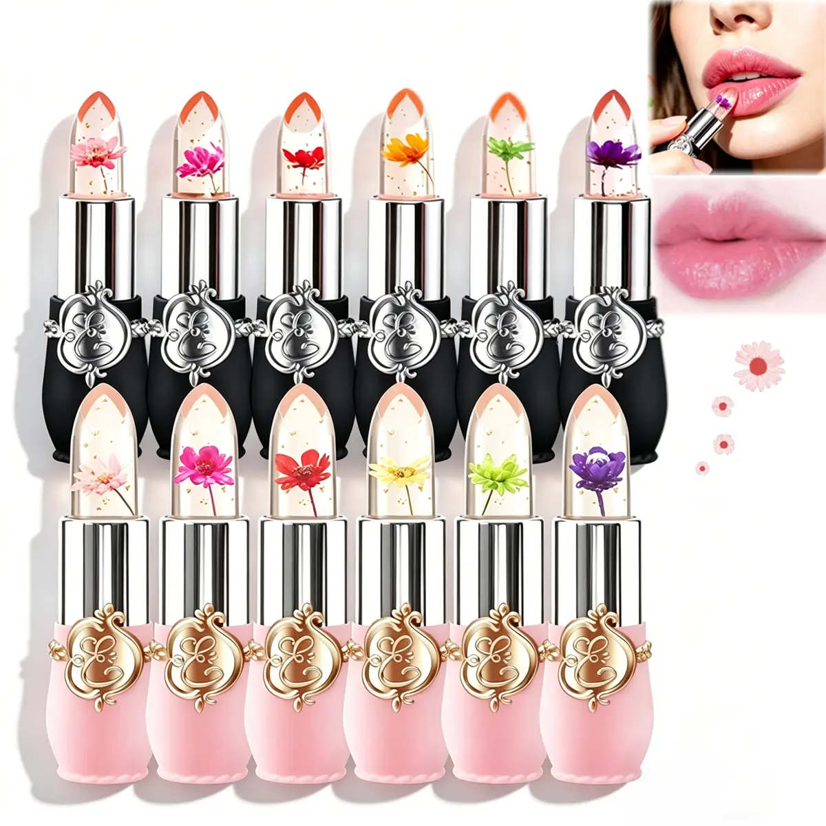 6/12 Pcs Crystal Flower Jelly Lipstick Set, Long Lasting Nourishing Magic Temperature Lip Balm, Moisturizing Lip Care, Perfect Gift for Valentine's Day, Christmas, Birthdays, Mother's Day
