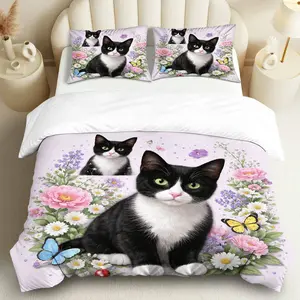 3PCS Duvet Cover Set, 1 Duvet+2 Pillowcases(Without filler), Cat Floral Butterfly Nature Cute theme, Easter bedding set, Animal Print Bedding Suitable for decoration Bedroom Living Room Guest Room Lounge.