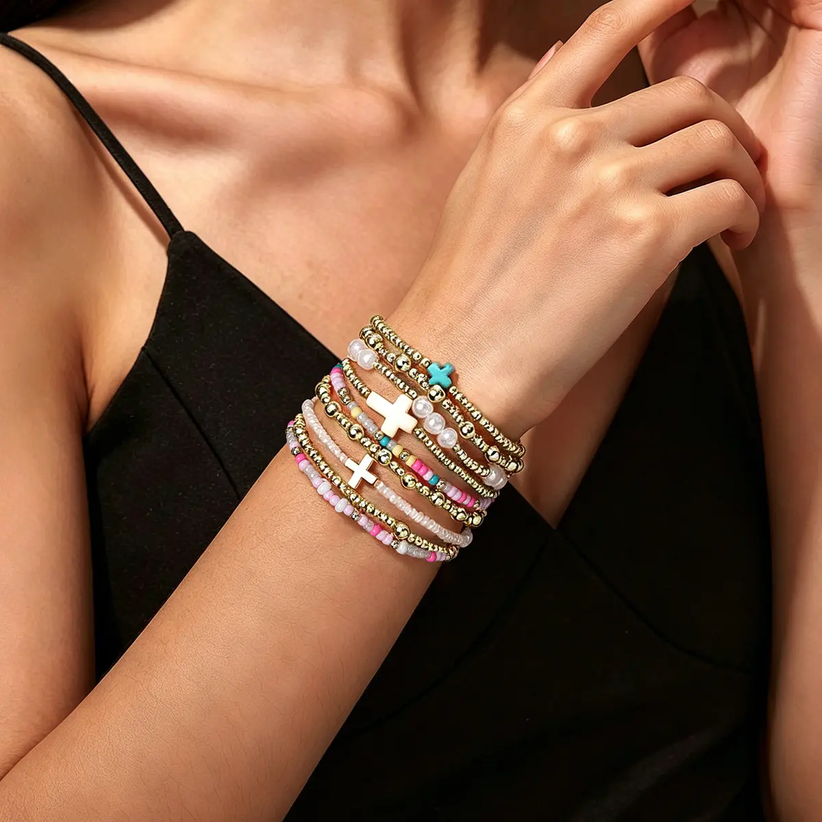 Colorful Clay Cross Beaded Bracelet Set for Women, ABS Faux Pearl Layered Stretch Bracelets, Handmade Elastic Stackable Jewelry for Daily Wear