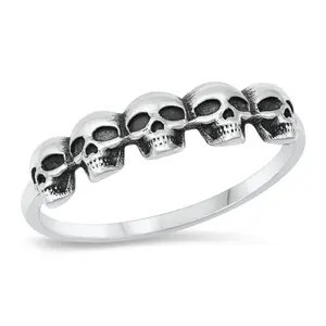 Skull Heads Lined Ring - Oxidized 925 Sterling Silver