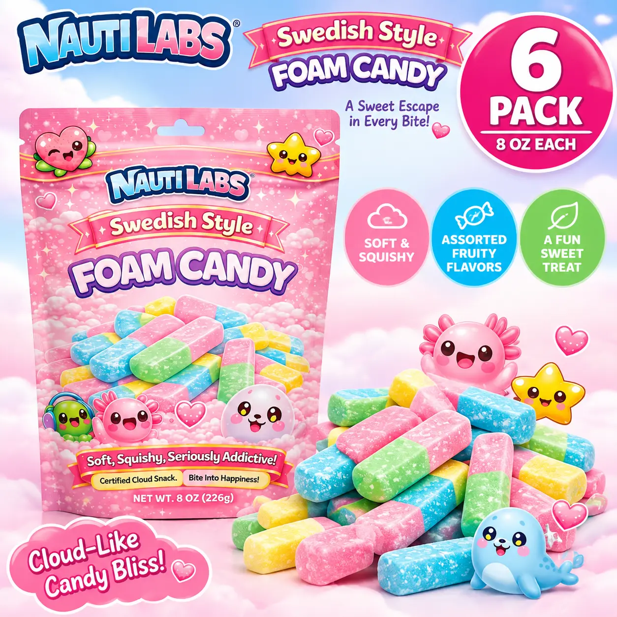 Nauti Labs Swedish Style Foam Cloud Candy Assorted Flavors 8 oz 6 Pack Soft Chewy Candy