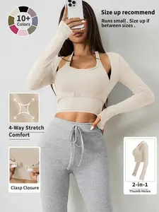 Women's Halter Crop Tank Top & Thumb Hole Sports Tee Set, Sleeveless Top & Buckle Front Sports Top Set, Gym Yoga Exercise Clothing Set for Women