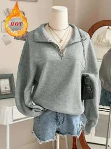 Women's Oversized Half-Zip Pullover | Soft cozy fleece-lined sweatshirt with polo collar, trendy grey casual top perfect for fall/winter streetwear & loungewear