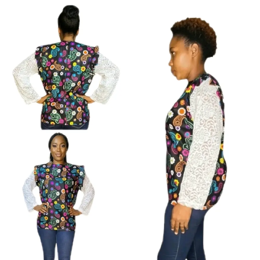 Women Ankara Top with White Net Sleeves and Colorful Floral Pattern
