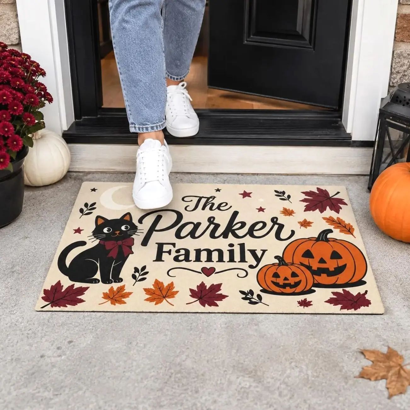 Personalized Black Cat Welcome Mat, Custom Family Name Halloween Doormat, Pumpkin Leaf Front Porch Decor, Custom Fall Home Entry Mat